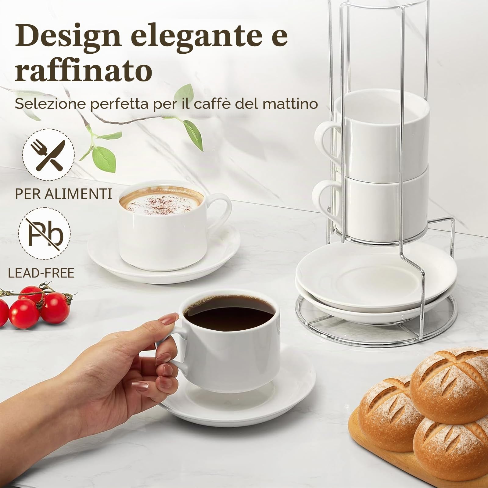 Set di 4 Tazzine Caffè, 4 x 5oz(160ml) Set Tazzine Caffè impilabili in Piattino e Supporto in Metallo, Ideale per Espresso, Cappuccino, Latte, Moka e Tè(con 4 Cucchiaio da Caffè)