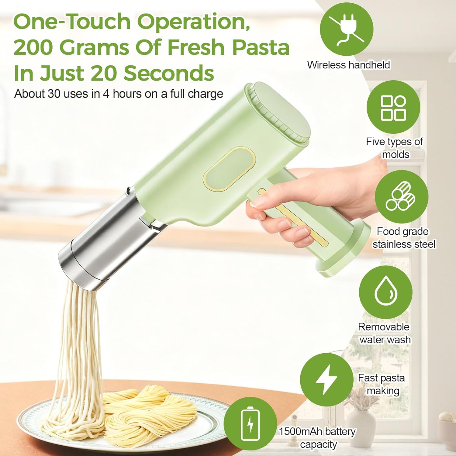 Handheld Electric Pasta Maker, 5-in-1 Cordless Noodle Machine with Molds and Sausage Stuffing Tubes, Portable Automatic Dough Pressing Machine for Homemade Spaghetti and Sausage