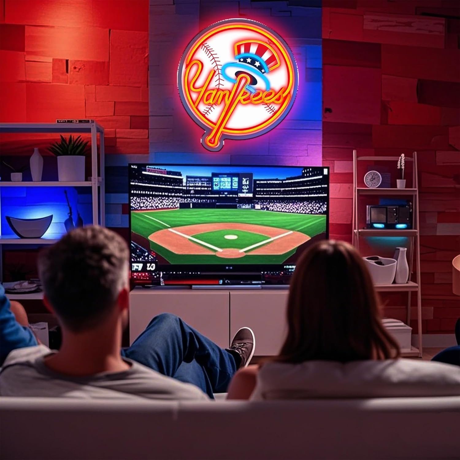 NY Baseball Neon Sign, New York Cool Light Up Dimmable NY Team Logo Hanging Led Neon Sign for Wall Decor, Bedroom, Party, Man Cave, Bedroom, Game Room Deco, Birthday Christmas Gift for Boys Fans (Red) - Image 2