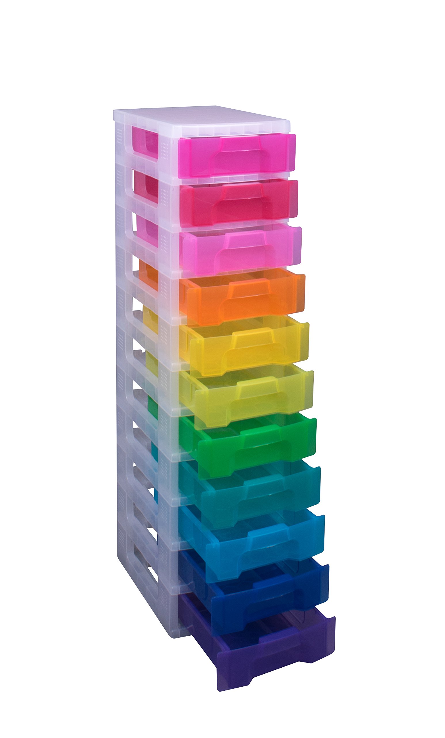 Really Useful 11 x 7 Litre Storage Tower Drawers, Clear Frame/Rainbow