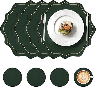 Set of 4 Christmas Round Vinyl Placemats with Coasters 12" Scalloped Dark Green Faux Leather Placemats Waterproof Placemat Wipeable Heat Resistant for 7-10" Plates for Xmas Party Dining Table Decor
