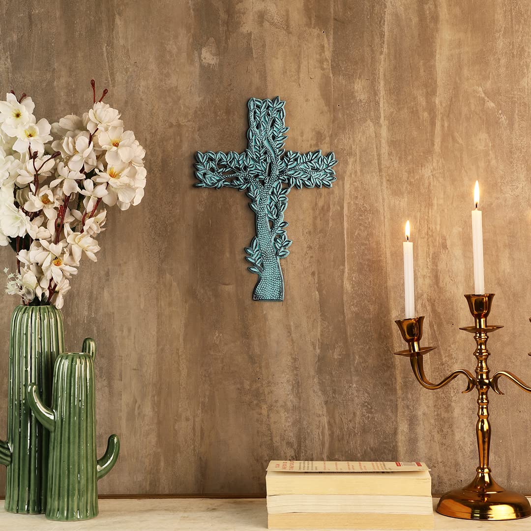 PURESTORY 11 x 8 Inch Tree Decorative Wall Cross Metal Decorations For Home.Religious Metal Hanging Cross Wall Decor.Metal Cross Wall Decor Art for Home - Antique Blue