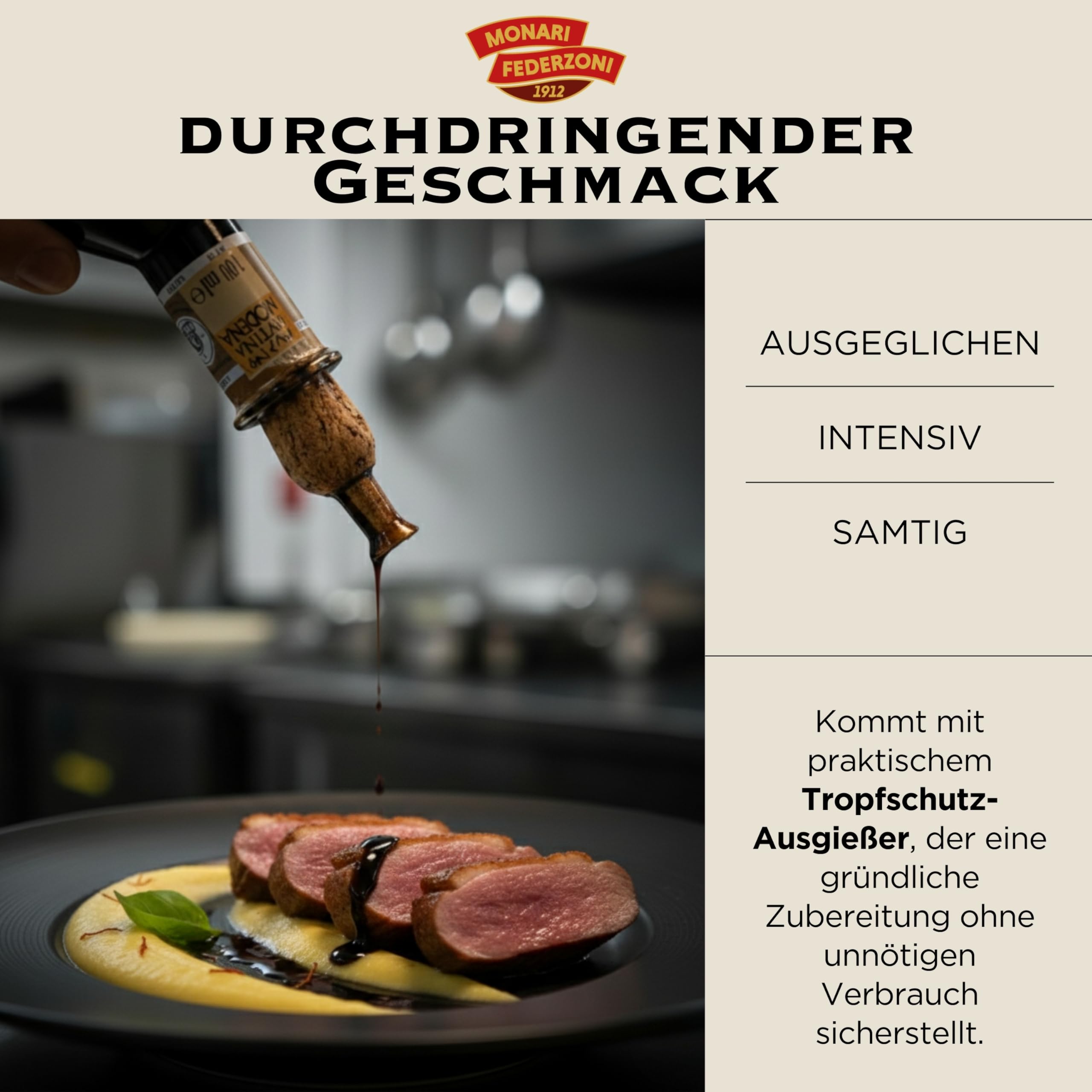 Monari Federzoni Balsamico Essig aus Modena DOP, 12 Jahre alt, traditionelles Produkt nur mit gekochtem Traubenmost – inklusive praktischem Spender – Schachtel mit 100 ml