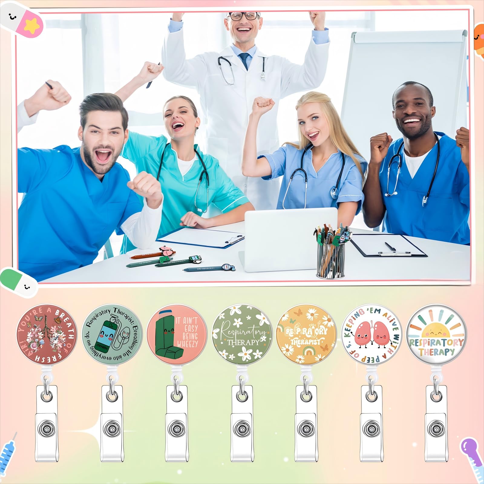 Yexiya 15 Set 2026 Nures Week Gift Bulk Respiratory Lung Inhaler Sign Ballpoint Pen with Badge Reels Appreciation Card Thank You Gift for Respiratory Therapist Nurse Teacher Medical Student