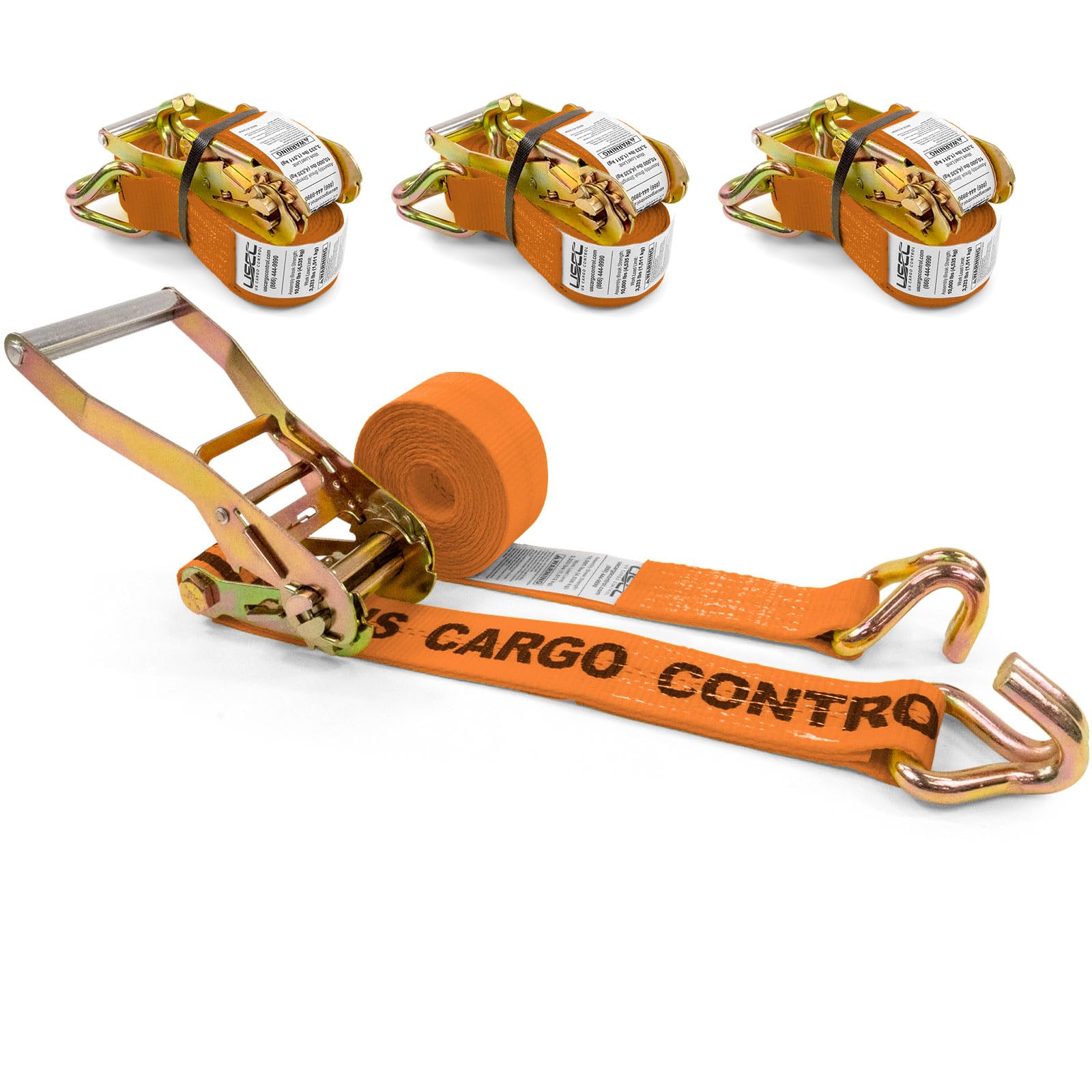 US Cargo Control Wire Hook Ratchet Straps 2 Inch x 12 Foot (4-Pack), 10,000 LBS Break Strength, Ratchet Straps Heavy Duty with Double J Hooks, Orange