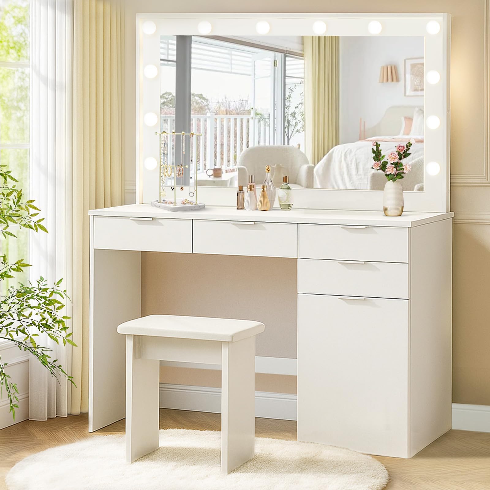LEMROE Dressing table with Hollywood LED mirror and stool, 3 Adjustable Light Brightness, White Makeup Vanity Table with 4 Drawers and Cabinet for Bedroom, Modern Women Girls Beauty Desk