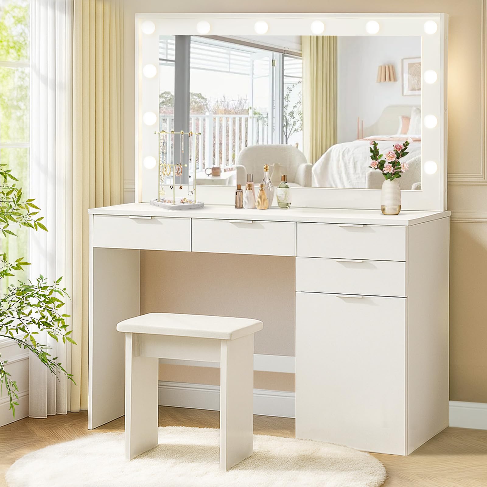 Dressing table with Hollywood LED mirror and stool, 3 Adjustable Light Brightness, White Makeup Vanity Table with 4 Drawers and Cabinet for Bedroom, Modern Women Girls Beauty Desk