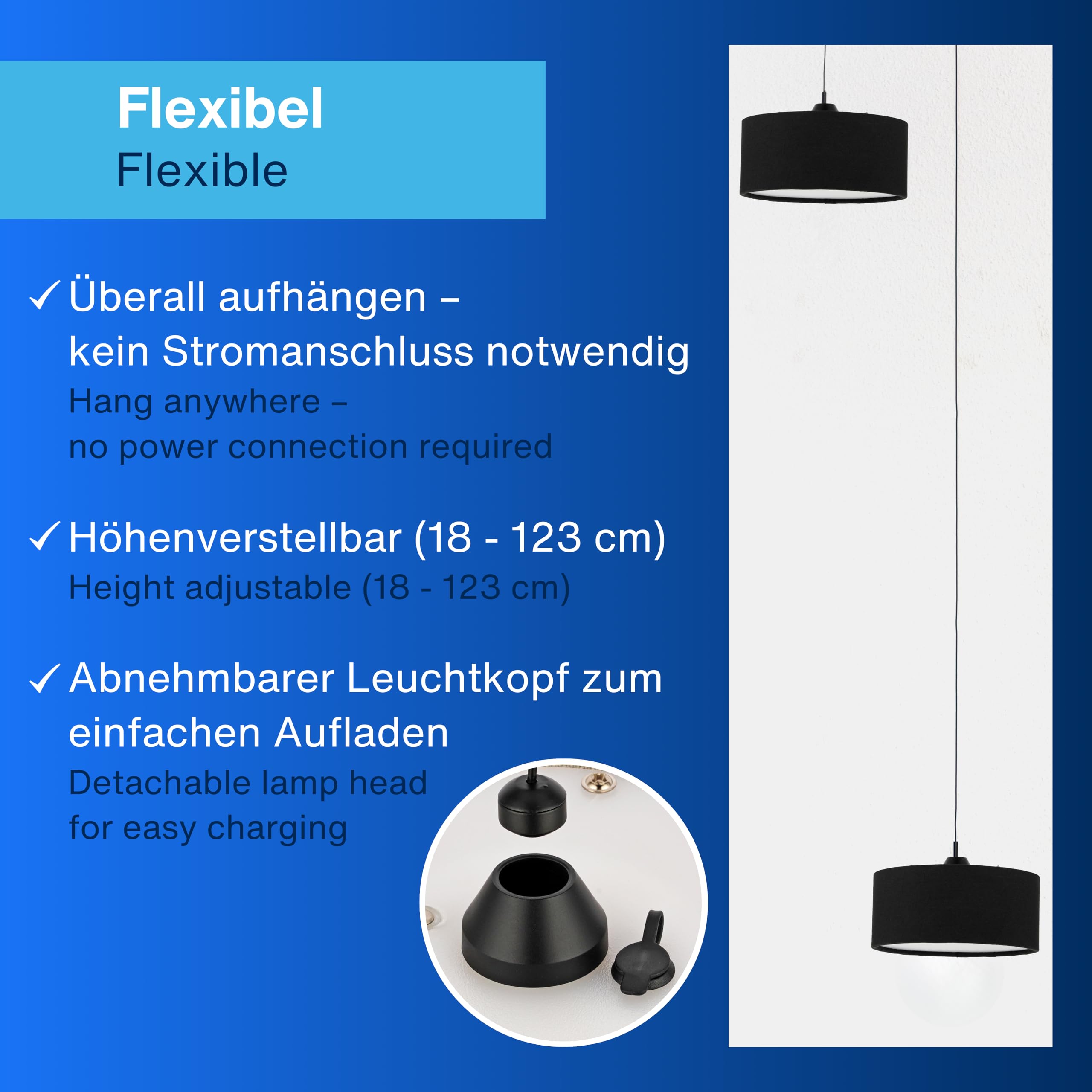 REV Lampa wisząca z akumulatorem – 120 lm, ściemniana, 3 kolory, timer 1-4 h, regulacja wysokości (18-123 cm), lampa wisząca do salonu, pilot zdalnego sterowania, abażur z materiału, czarna
