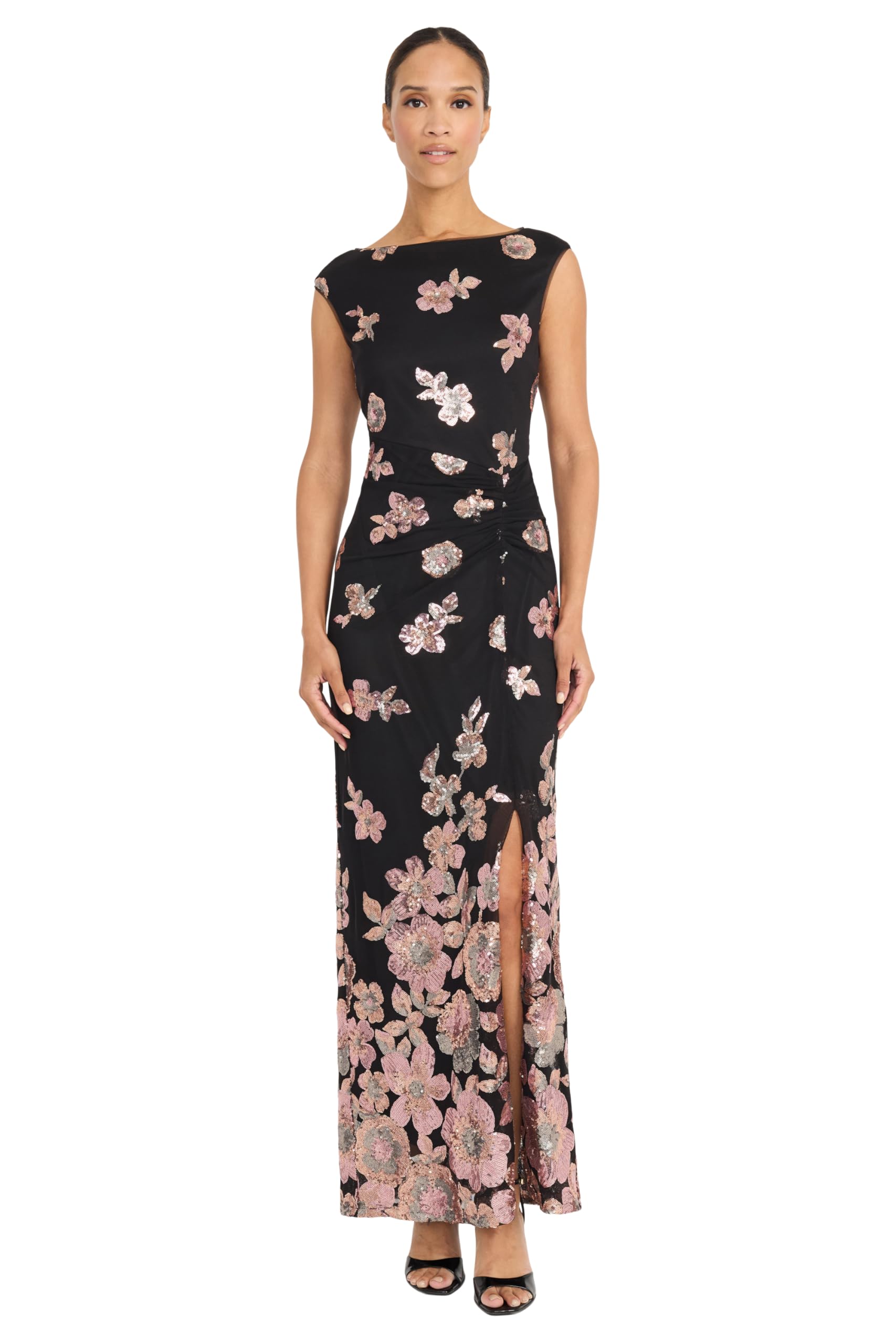 Maggy London Women's Sequin Floral Maxi Dress Sleeveless Boat Neck Formal Evening Wedding Guest Dresses