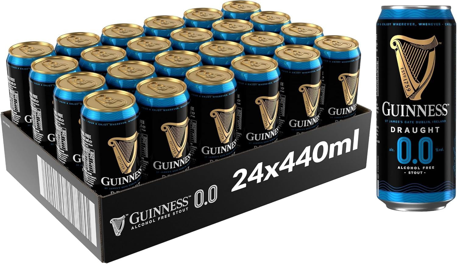 Guinness Draught 0.0 Alcohol Free Stout | 0% vol | 24 x 440ml | Guinness Six Nations | Get Rugby Ready | Notes of Sweet Malt & Hop Bitterness | Dark Ruby Red Beer | Hints of Chocolate & Coffee