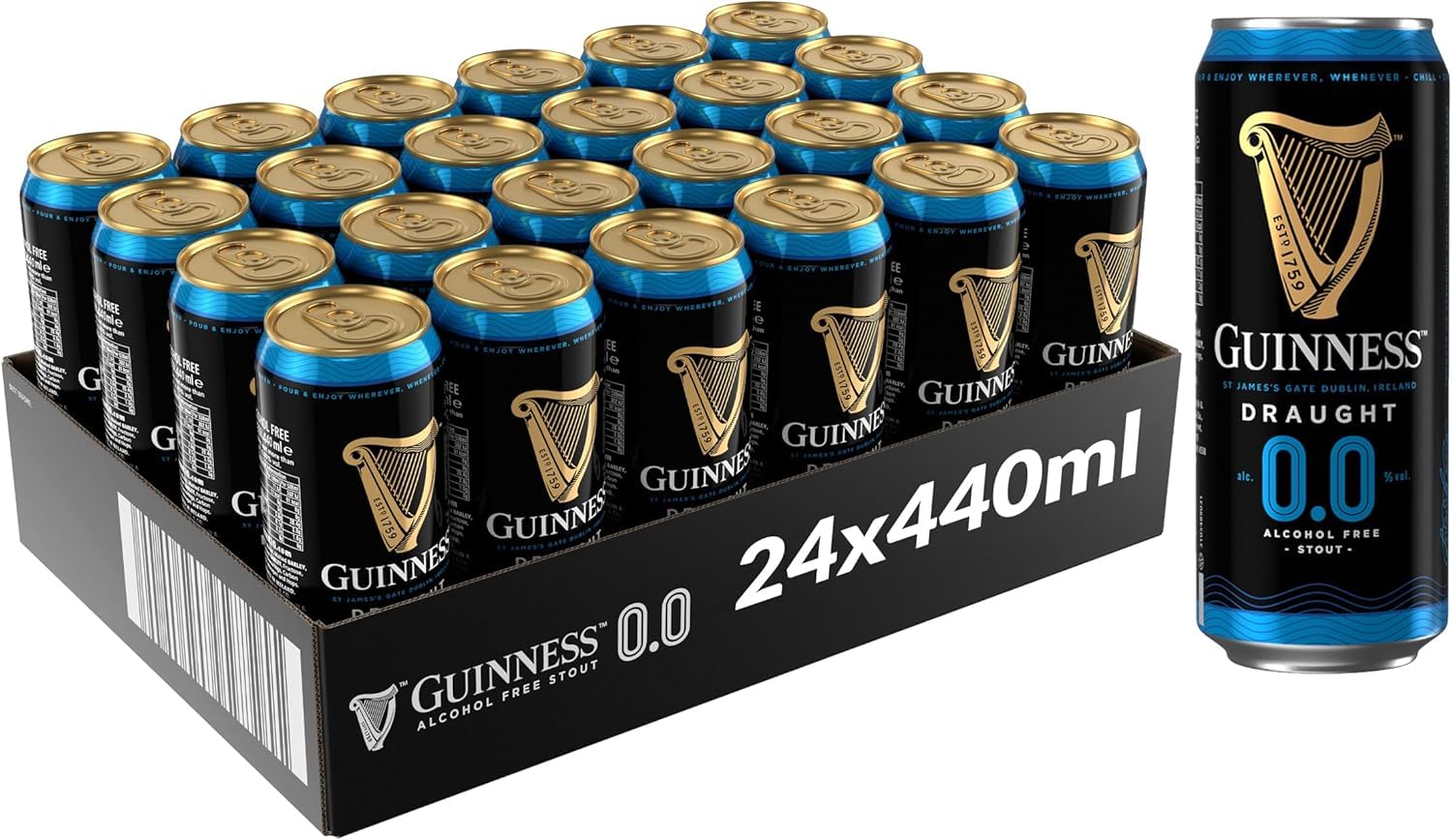 Guinness Draught 0.0 Alcohol Free Stout | 0% vol | 24 x 440ml | Official Beer of the Premier League | Notes of Sweet Malt & Hop Bitterness | Dark Ruby Red Beer | Hints of Chocolate & Coffee