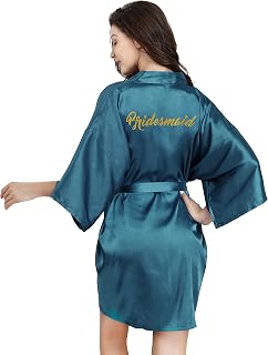 EPLAZA Bride Bridesmaid Robes for Wedding Bridal Party Women Short Solid Color Silky Satin Robe Kimono with Gold Glitters