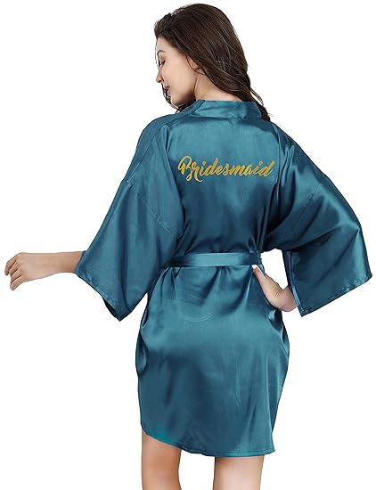 EPLAZA Women One Size Bride Bridesmaid Robes with Gold Glitter for Wedding Party, Dark Green, One Size