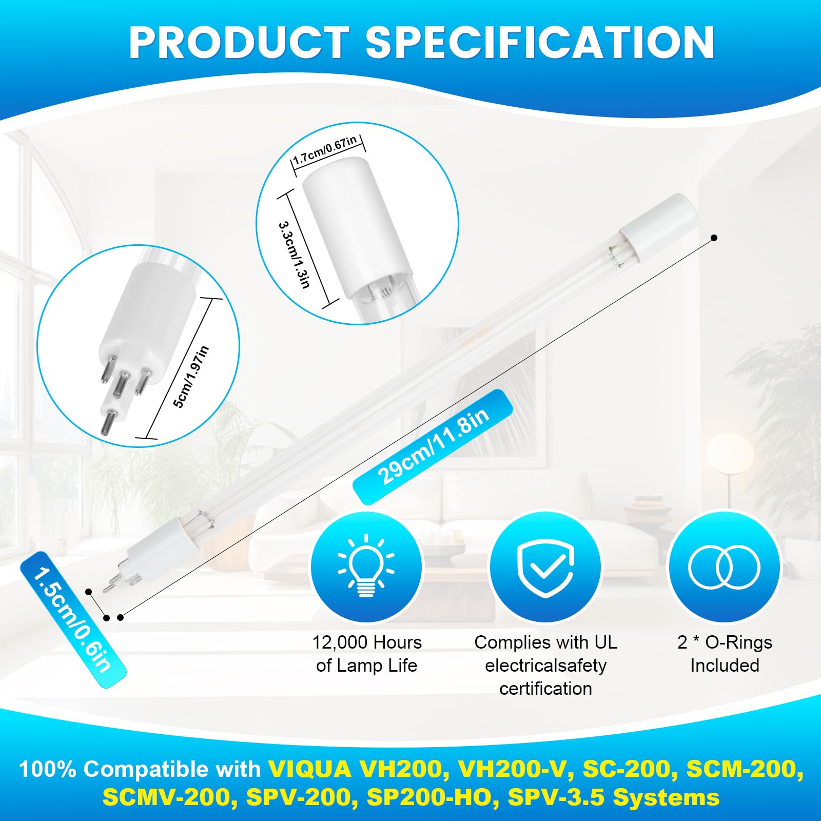 S200RL-HO - Lámpara de repuesto para VIQUA VH200, bombilla 100% compatible con sistemas VIQUA VH200, SC-200, SCM-200, SPV-200, SPV-200, SP200-HO, SPV-3.5, vida útil de la lámpara 18.000 horas |