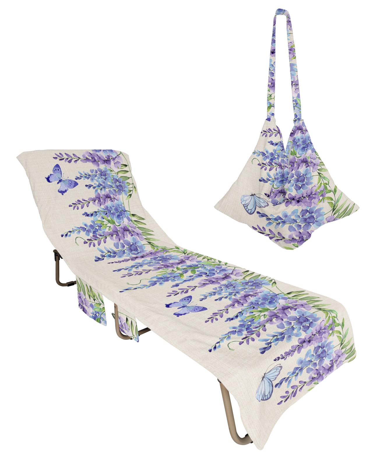 Blue Purple Weeping Floral Beach Lounge Chair Towel Cover, Soft Chaise Lounge Towel with Side Pockets Patio Pool Chairs Cover for Beach/Pool Sunbathing 29x85 Spring Summer Botanical Butterfly Rustic