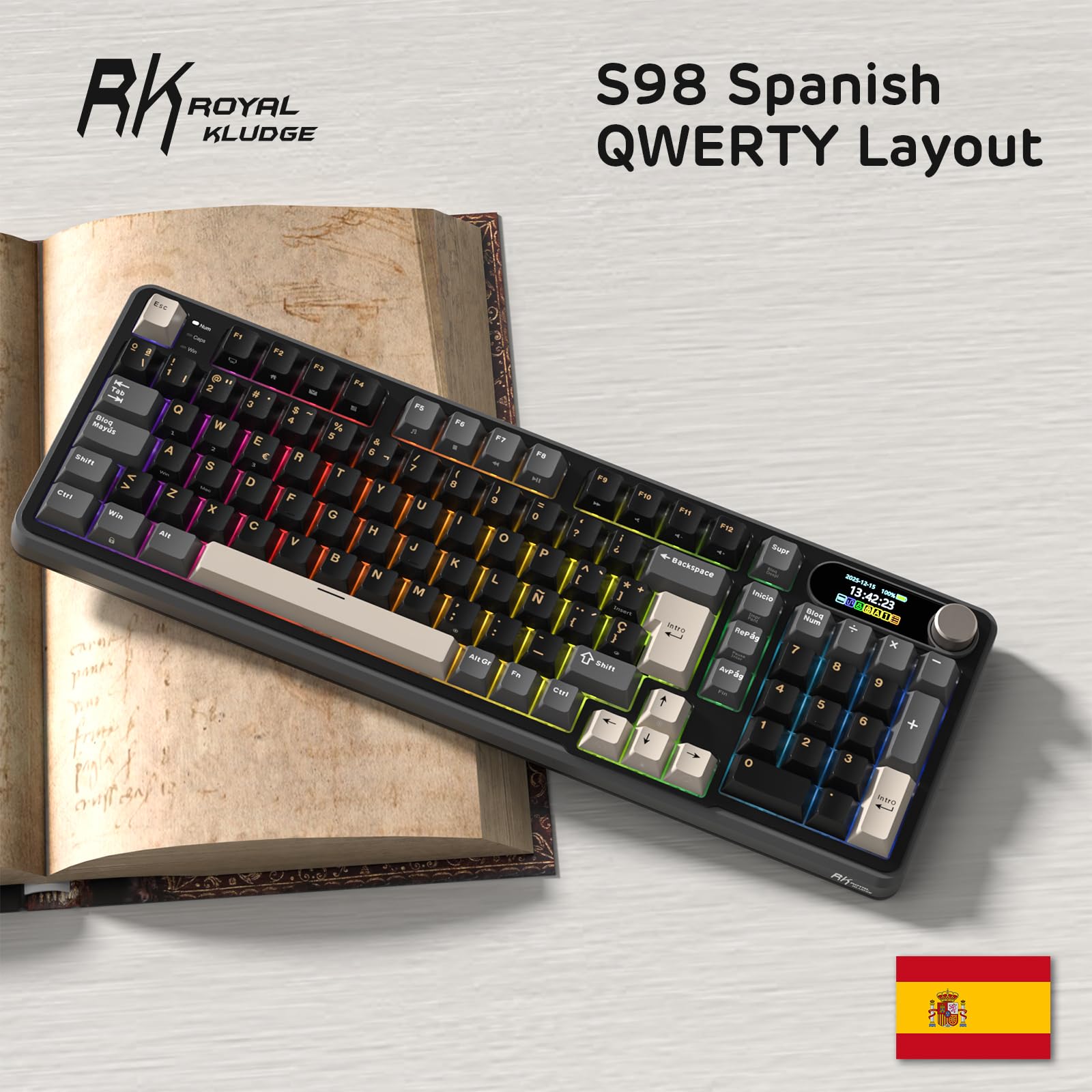 RK ROYAL KLUDGE S98 ES Teclado Mecánico con Smart Display y Botón, Montaje Superior 96% Teclado Mecánico Inalámbrico BT/2.4G/USB-C, Hot-Swappable, Soporte de Software, 98 Teclas, QWERTY Español