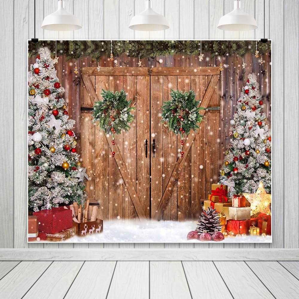 3,6 x 2,5 m Natale Porta del fienile Sfondo Albero di Natale Innevato Corona Scatola Regalo Scena di Neve Sfondo per Decorazione Festa di Vacanza in Famiglia Accessori Studio Foto