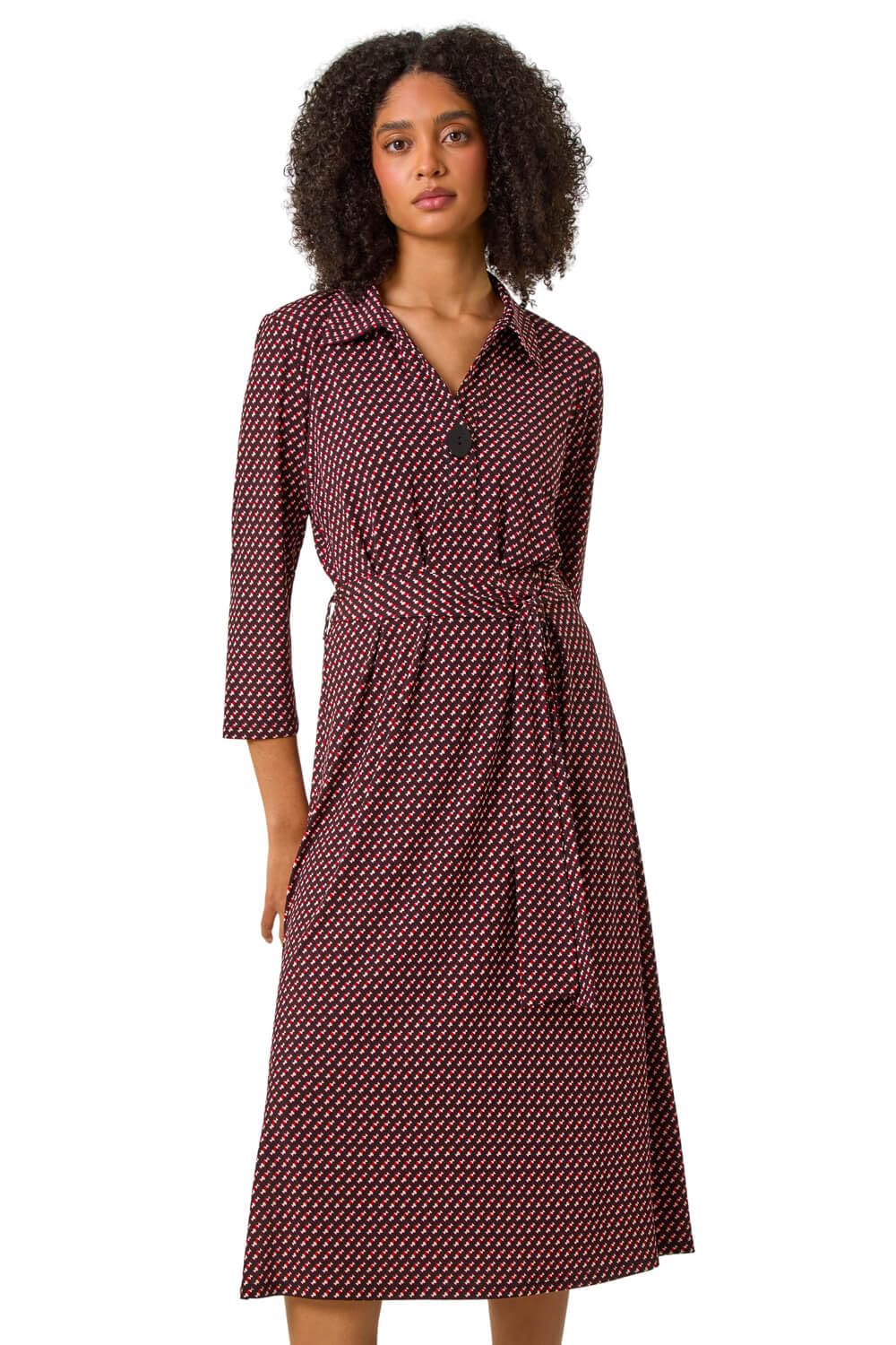 Roman Women's Red Geometric Stretch Midi Shirt Dress In | : Size 18