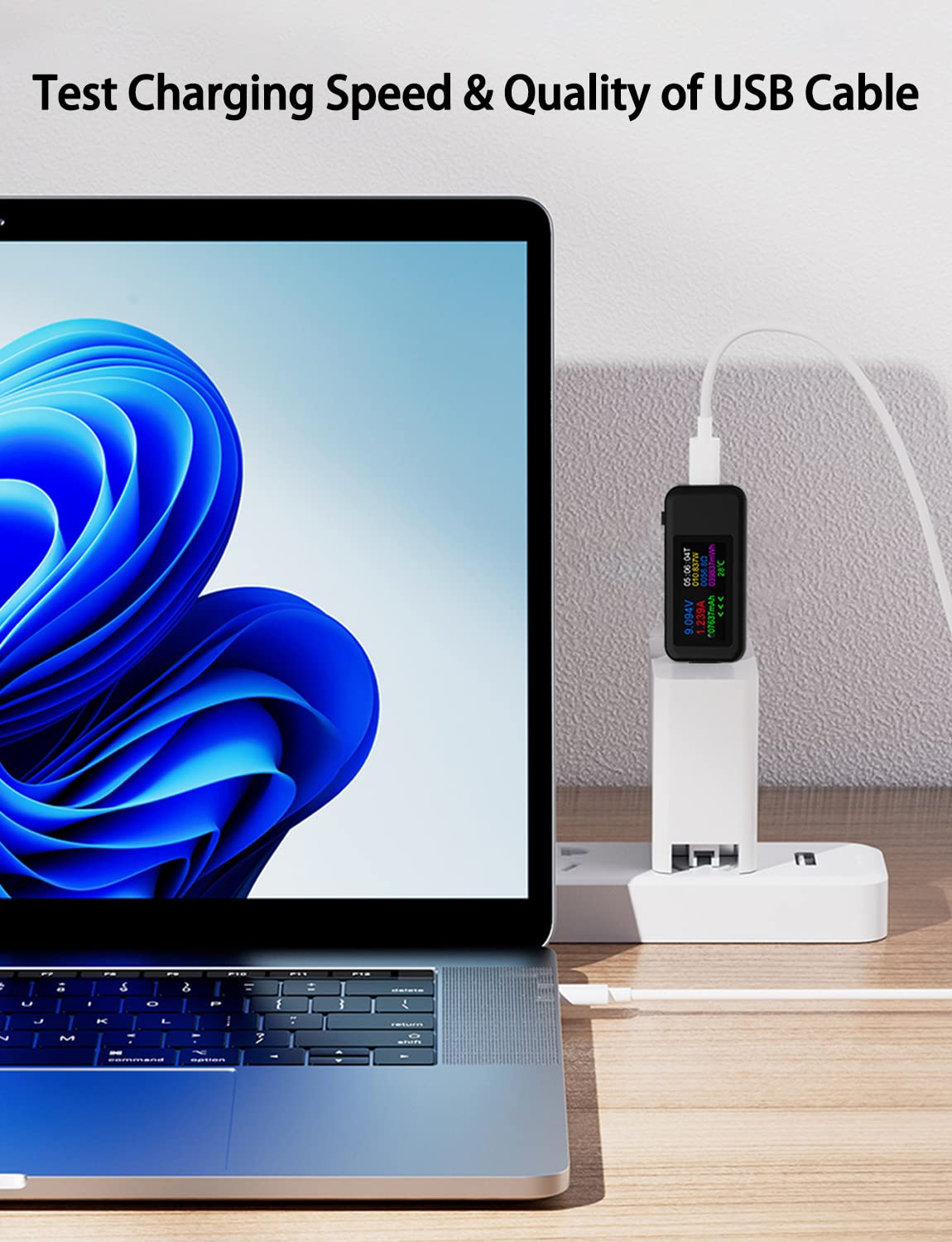 YOJOCK USB C Tester demonstrating wide compatibility with various electronic devices including cameras, smartphones, laptops, car chargers, and power banks.