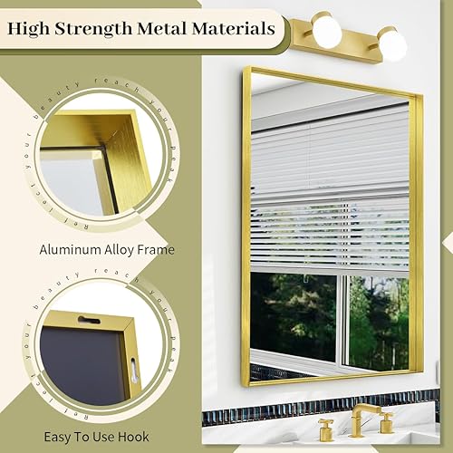 Miniatura 3 de BEAUTYPEAK Espejo de baño de 20 x 30 pulgadas para pared, moderno espejo dorado con marco profundo, espejo rectangular montado en la pared para