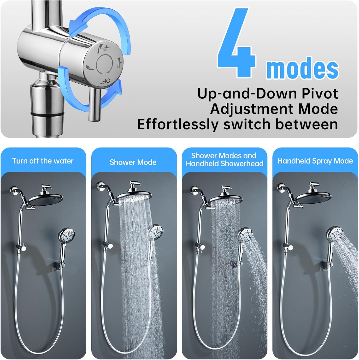 JoyRain High Pressure Shower Combo for All Bathroom Styles, 8-Spray Handheld with Spray Gun, Extension Arm & 78-Inch Hose (Multi-Function Shower Arm with 8" Rain Showerhead, Chrome)