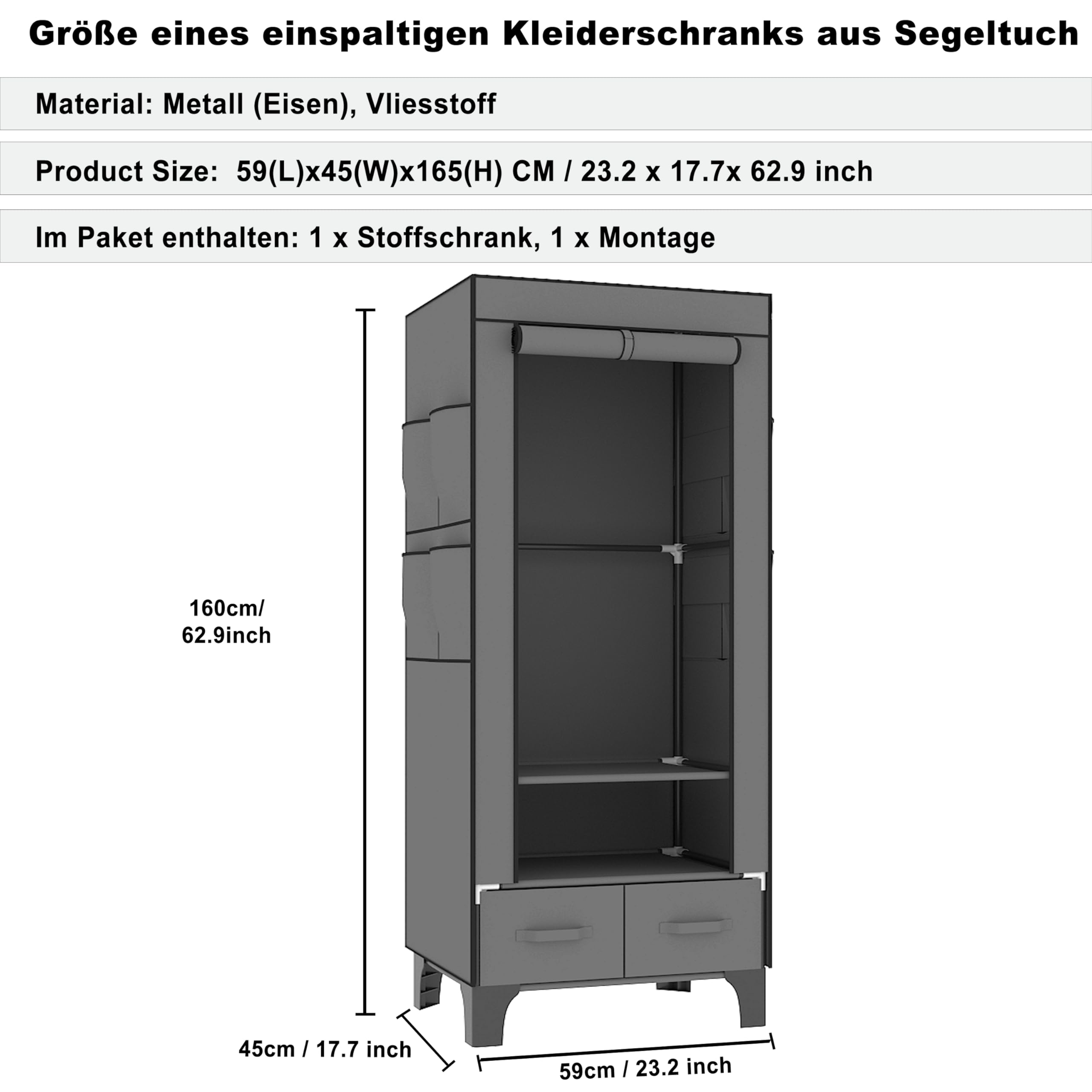 OPPAIYA Armadio in tessuto sottile, robusto, piccolo con 2 cassetti, armadio pieghevole con 8 tasche laterali e copertura, guardaroba per campeggio e camera da letto, nero, 59 x 45 x 160 cm, nero
