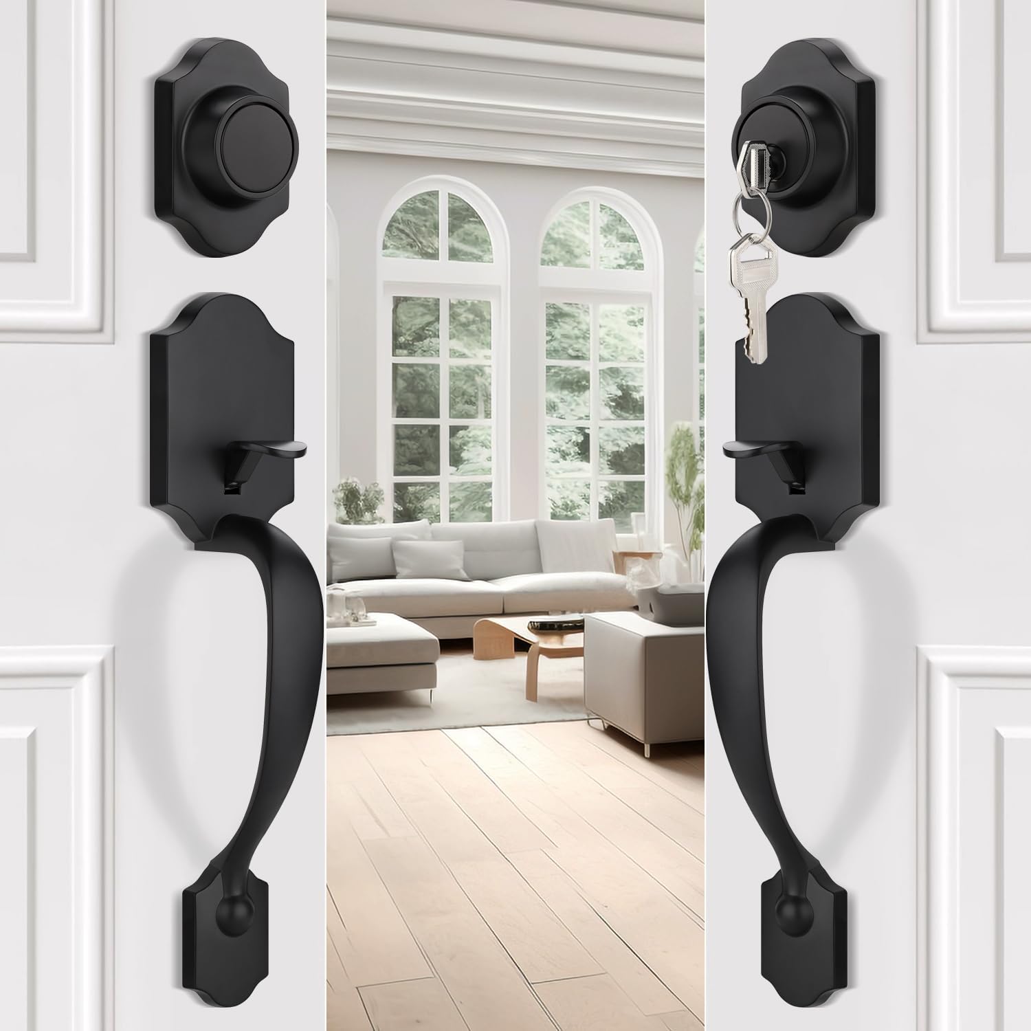 EHOMEWARE 1 Pack Double Front Door Lock Set, Black Front Door Handle with Deadbolt, Exterior Door Lock Set with Dummy, Modern Wave Entry Door Handle, Reversible for Left & Right Doors