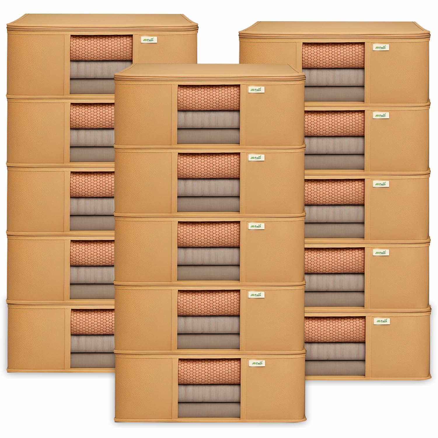 JD FRESH 15 Pcs Non-Woven Saree Covers/Storage Bags with Zip Cover/Space Saving Bag with Transparent Window/Wardrobe-Cupboard Organizer for Clothes/Lehengas/Bedsheets (17 X 14 x 6.5 Inch/Orange)