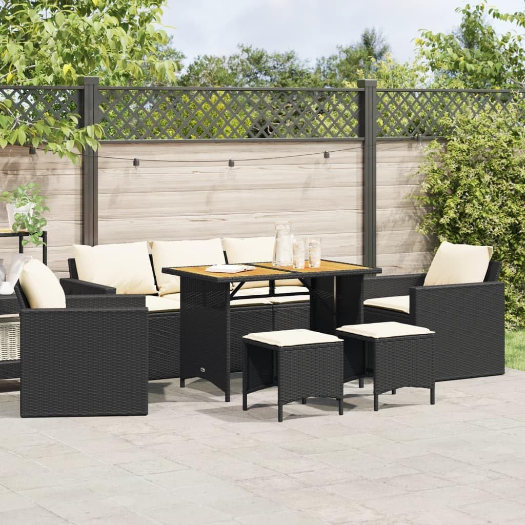 vidaXL 6 Piece Patio Sofa Set with Cushions – Black PE Rattan, Cream White Fabric, Acacia Wood Tabletop – Outdoor Garden Furniture Patio