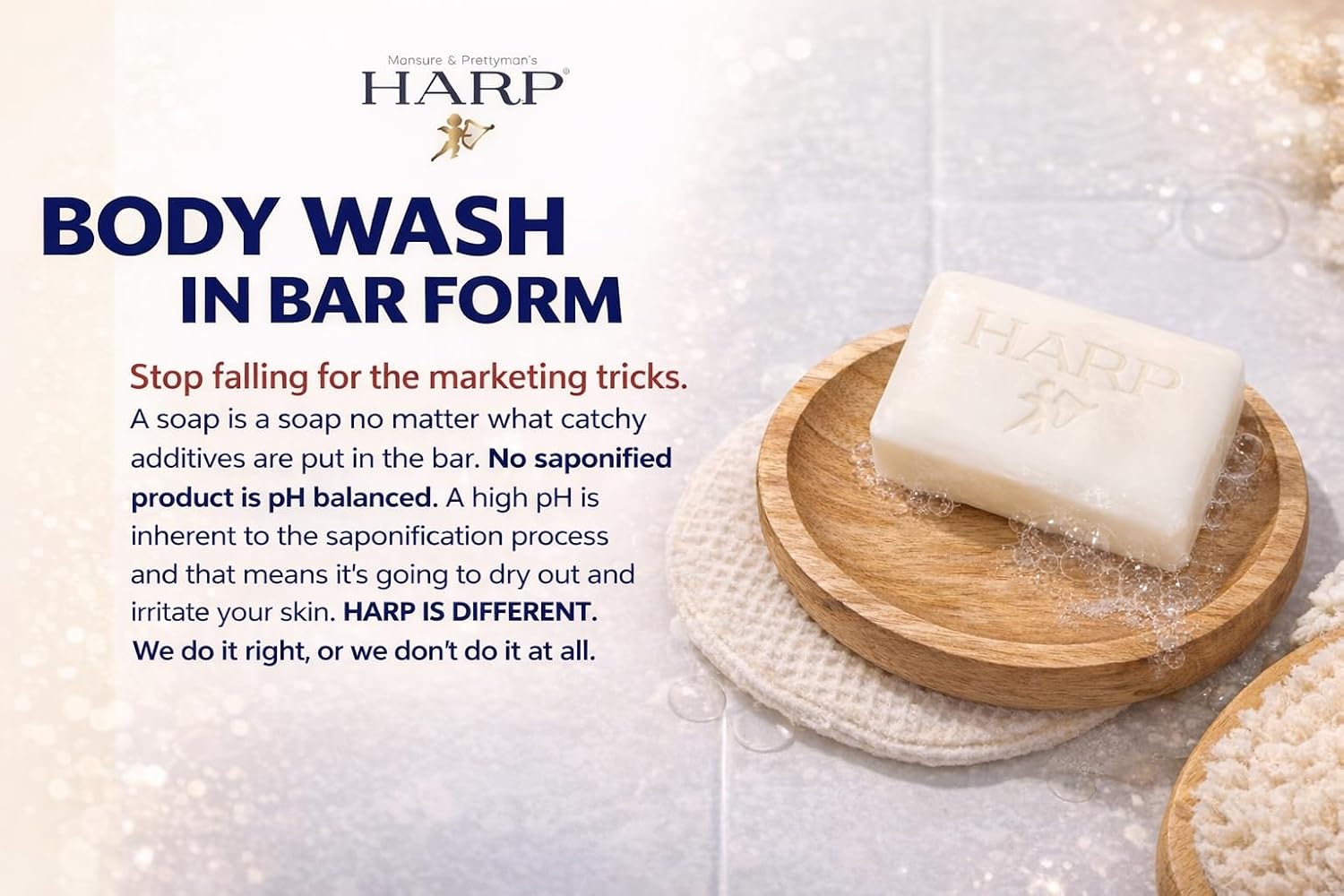 HARP® Fragrance Free Body Wash Bar – pH Balanced (5.0–6.0) Syndet Cleanser, No Lye, Non-Comedogenic, Gentle for Sensitive & Dry Skin, With Shea Butter & Borage Oil. 3-5oz Bars.