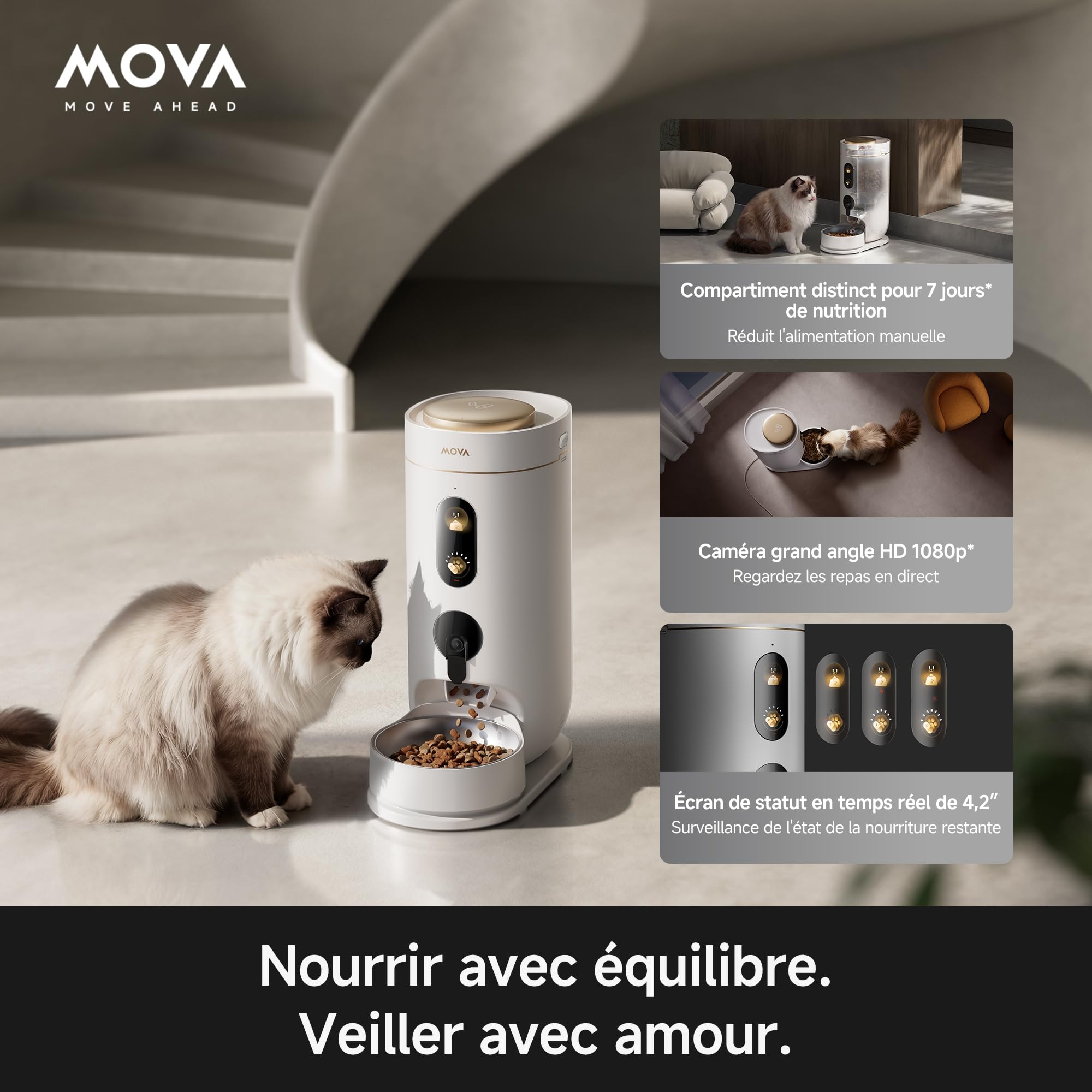 MOVA NutriPal 10 Ultra Distributeur Automatique pour Animaux, 4 Modes | compartiment 7 jours, caméra HD 1080p, écran 4,2″, capacité 4 L jusqu’à 20+ jours, croquettes jusqu’à 12 mm