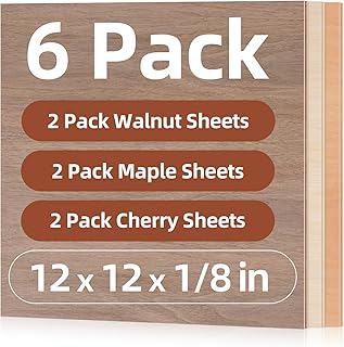 Rowood Plywood Sheets for Laser Cutting, 2 Pack Walnut+Double Pack Maple Sheets+2 Pack Cherry,12x12x1/8inch,3mm Thin Unfinished Wood Crafts for Laser Engraving Blanks,DIY Ornaments Architectural Model