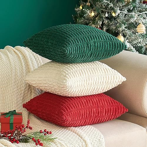 Miniatura 9 de MIULEE Paquete de 2 fundas de almohada decorativas de pana verde oscuro de 18 x 18 pulgadas, fundas de almohada suaves a rayas bohemias modernas,