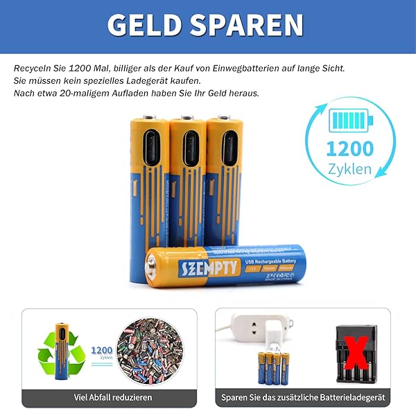 SZEMPTY Batterie ricaricabili al litio AAA, 1,5 V, USB, agli ioni di litio, 750 mWh con cavo di ricarica di tipo C, ricarica rapida in 1 ore, confezione da 4 - 5