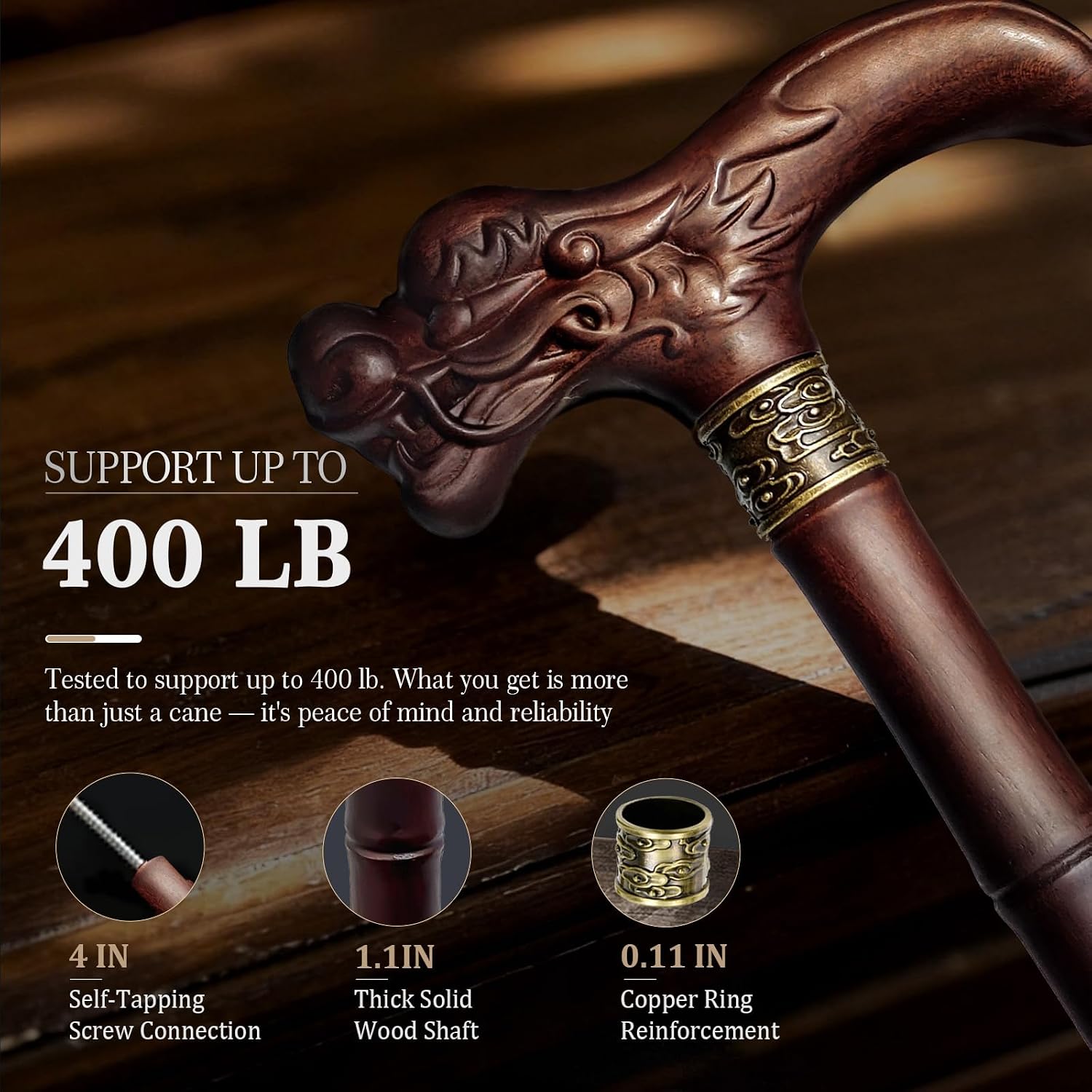Wooden Walking Cane 3D Carved Dragon Cane 33–39 Inches Available