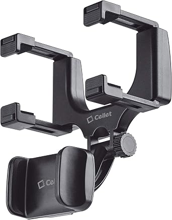 Cellet Vehicle Rear View Mirror Phone Holder Mount Universal Smartphone Cradle Compatible to Apple iPhone, Samsung Galaxy Smartphones, Google Pixel, Moto, Google Map GPS Navigation, Dash Cam Mount