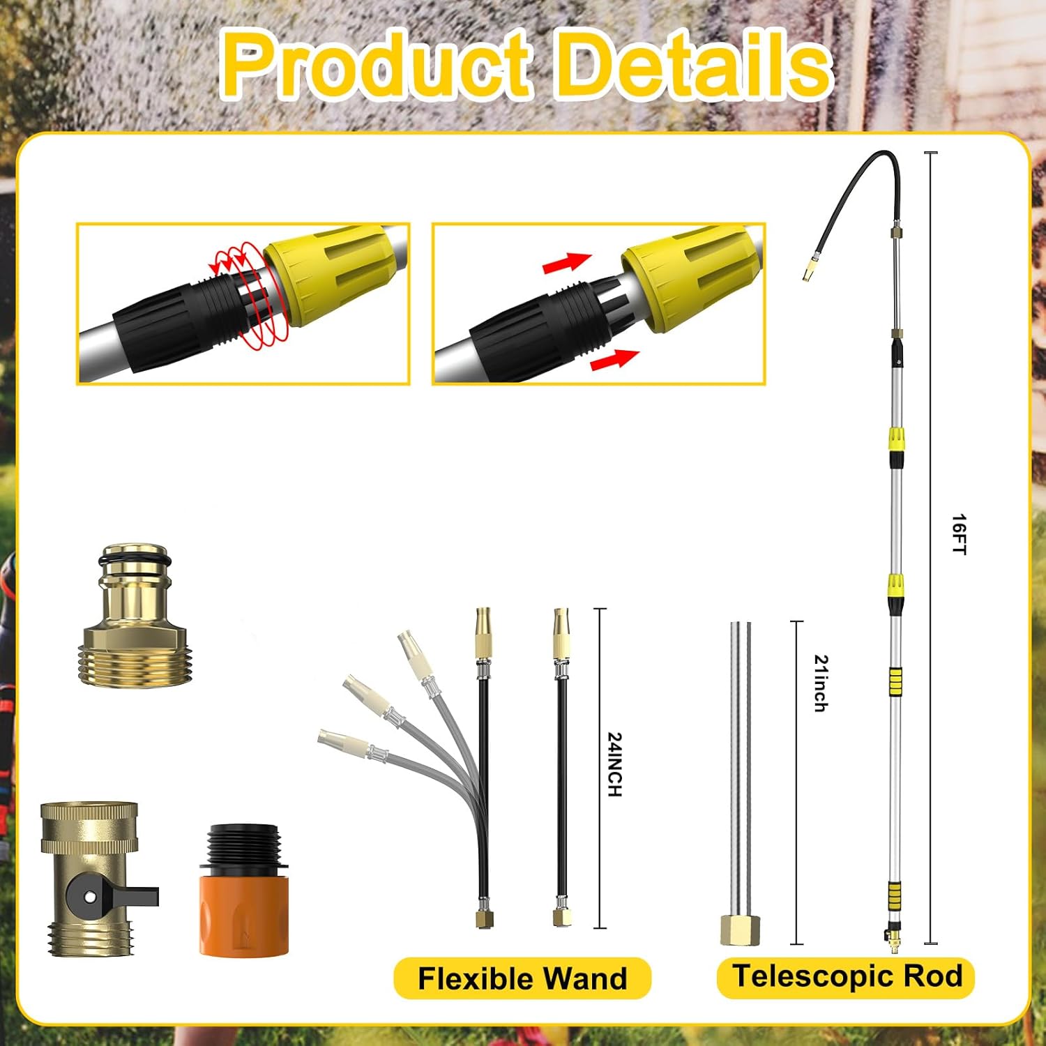 Buyplus 24FT Reach Telescoping Gutter Cleaning Tools 4-16FT Rain Gutter Cleaner Tools From Ground with 3/4" Brass Garden Hose Shut Off Valve, Bendable Flexible Water Wand for Garden Hose, Window