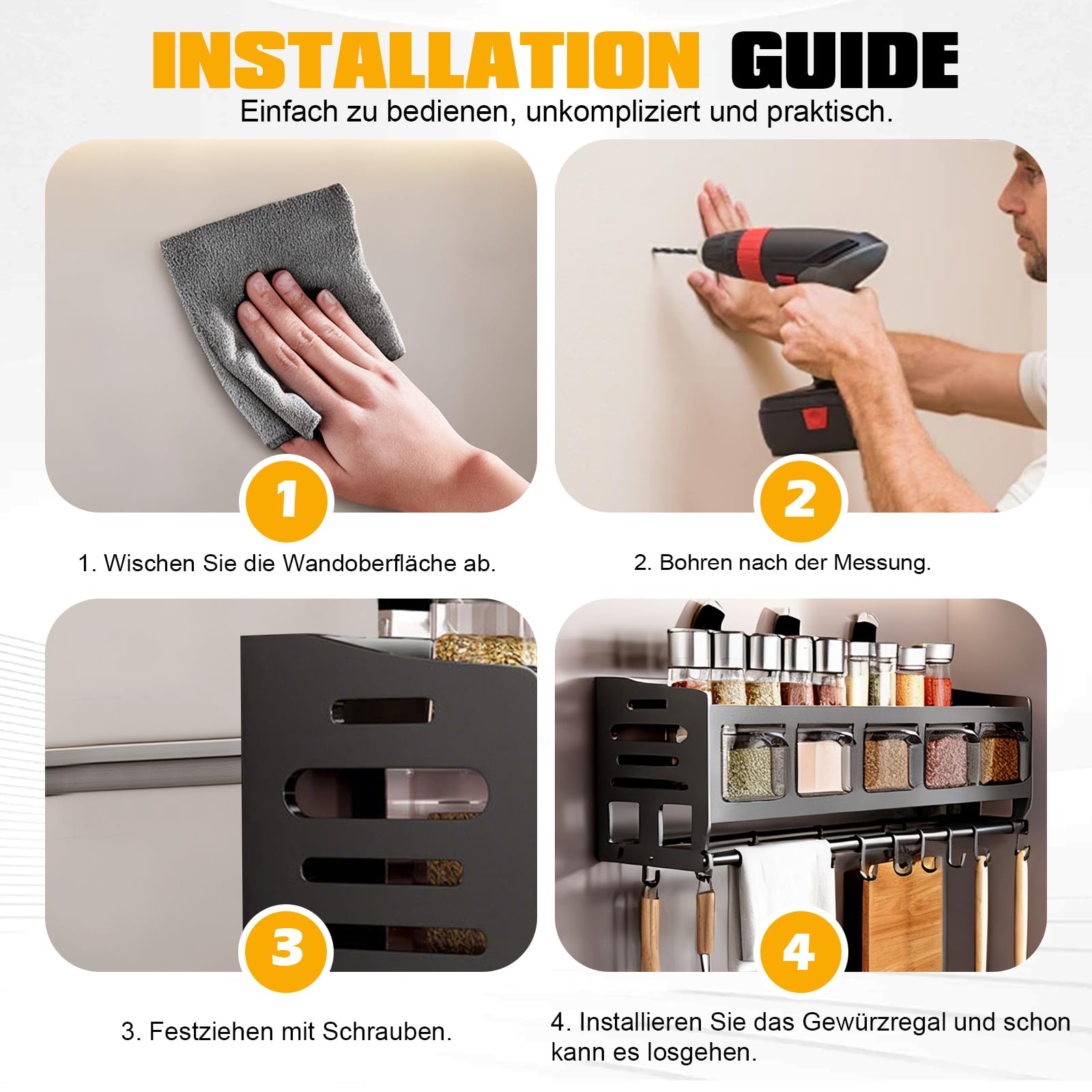 Estantería para especias de cocina con botes de especias, soporte para especias de pie y pared, con estante, soporte para papel de cocina y 12 ganchos, organizador de especias colgante con