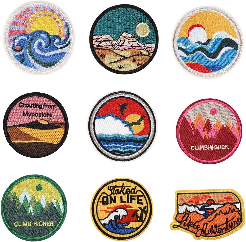 Iron on Patches for Kids and Adults, Irich 9 Piece Patch Sets, Sewn and Embroidered Fabric Patches for Jeans/Jackets/Shirts/Hats/Shoes/Backpacks and Other Garments