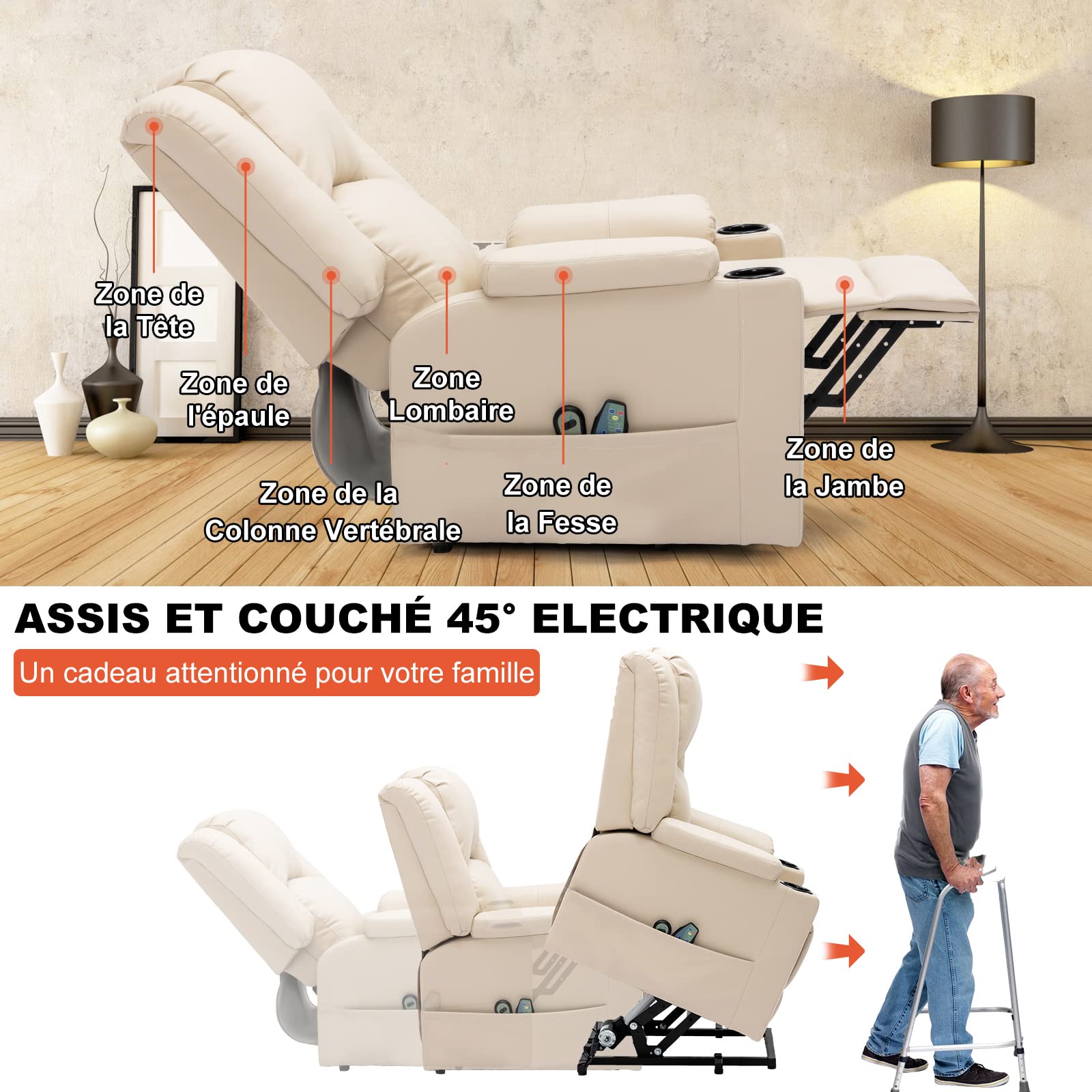 COMHOMA Fauteuil Électrique Relax Massage et Relaxation Aide à Debout - Dossier Réglable, Pédales Rétractables, 2 Porte-gobelets - Beige/Blanc pour Personnes Âgées