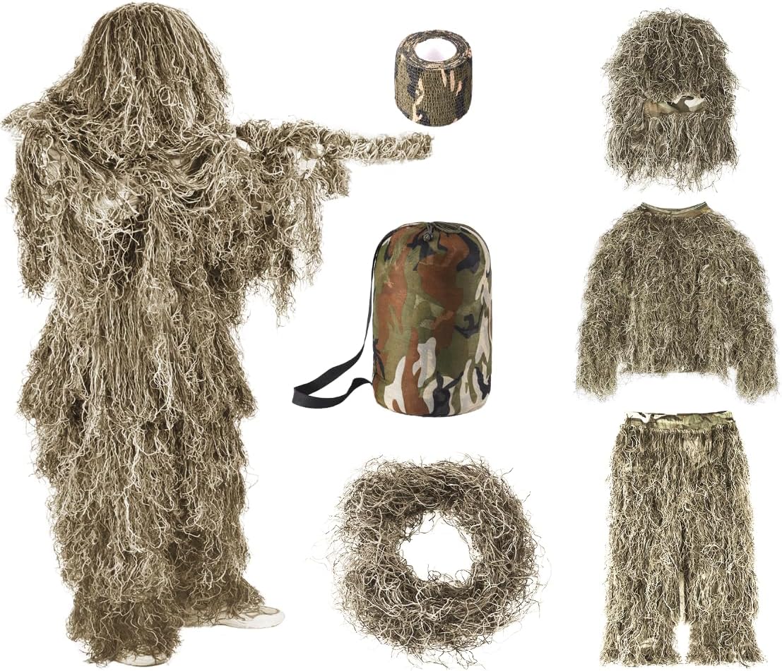 Ghillie Suit, 5 in 1 Ghillie Suit for Men Including Jacket, Pants, Hood, Carry Bag and Camo Tapes, Helloween Costumes