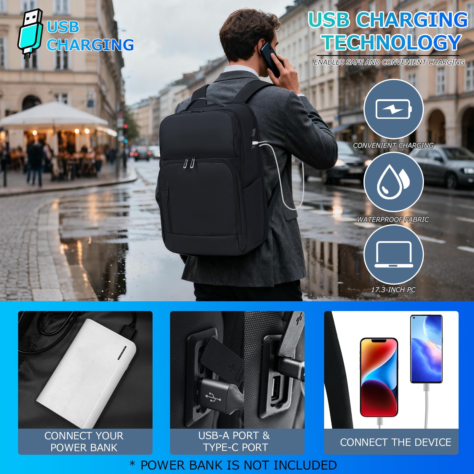 KINGSLONG Plecak na laptopa o przekątnej ekranu 17 cali: wodoszczelny bagaż podręczny, biznesowy plecak dla mężczyzn/kobiet, z portem USB, na podróż