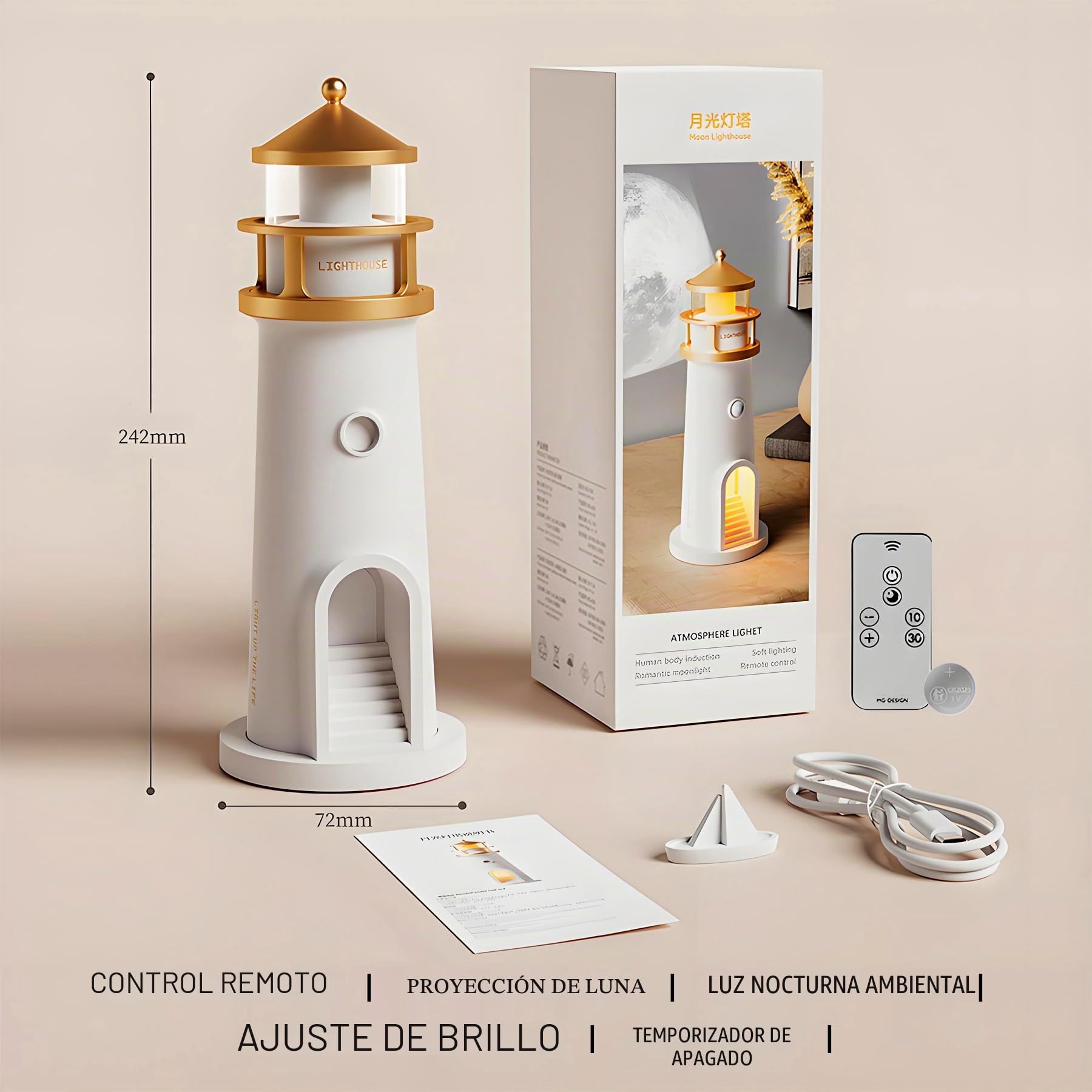 Lámpara de faro con proyección de luna, batería integrada de 2400 mAh recargable por USB, control remoto lámparas LED de mesita de noche, luz nocturna inalámbrica, decoración de habitación para