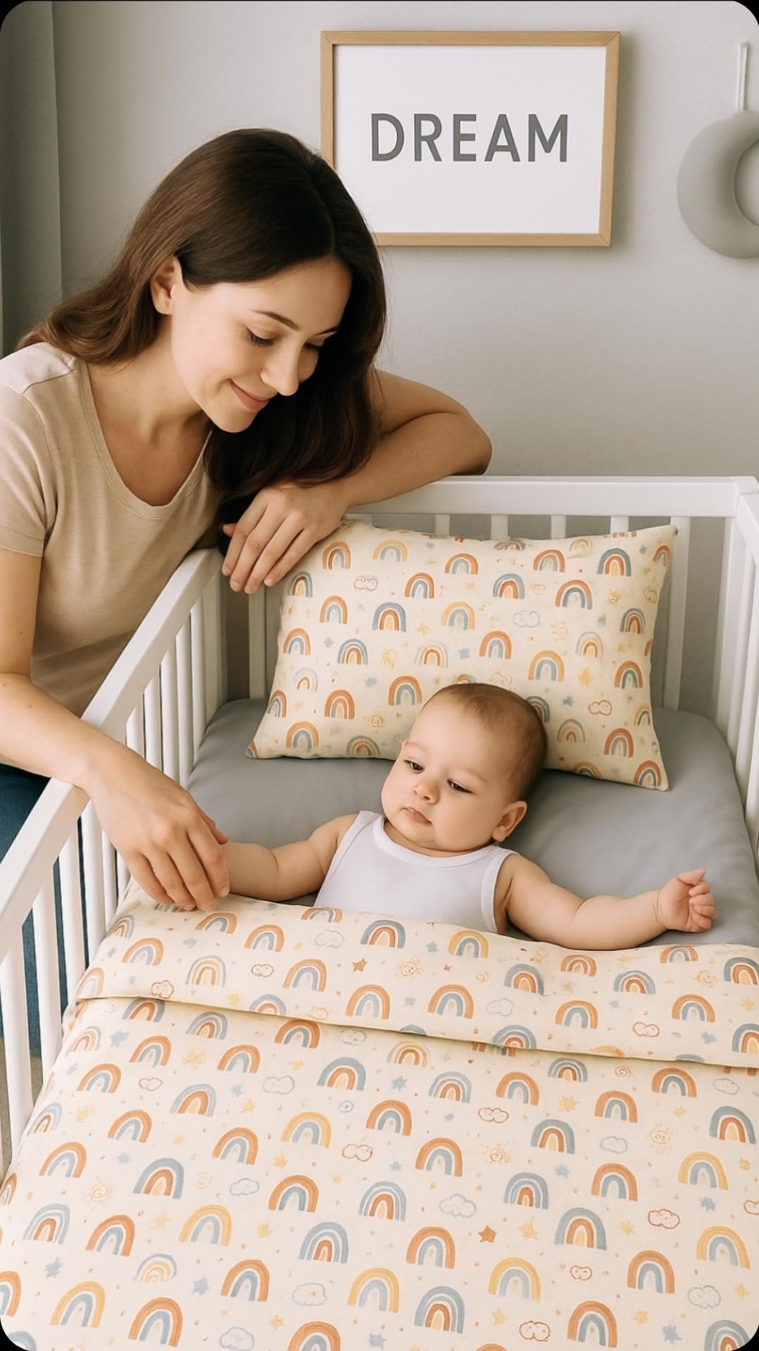 Gökkuşağı Desenli Bebek Nevresim Takımı -%100 Pamuklu, Yumuşak Bebek Yatağı Seti - 1 Adet Nevresim ve Çarşaf ve 1 Adet Yastık Kılıfı - Unisex Bebek Odası Dekorasyonu