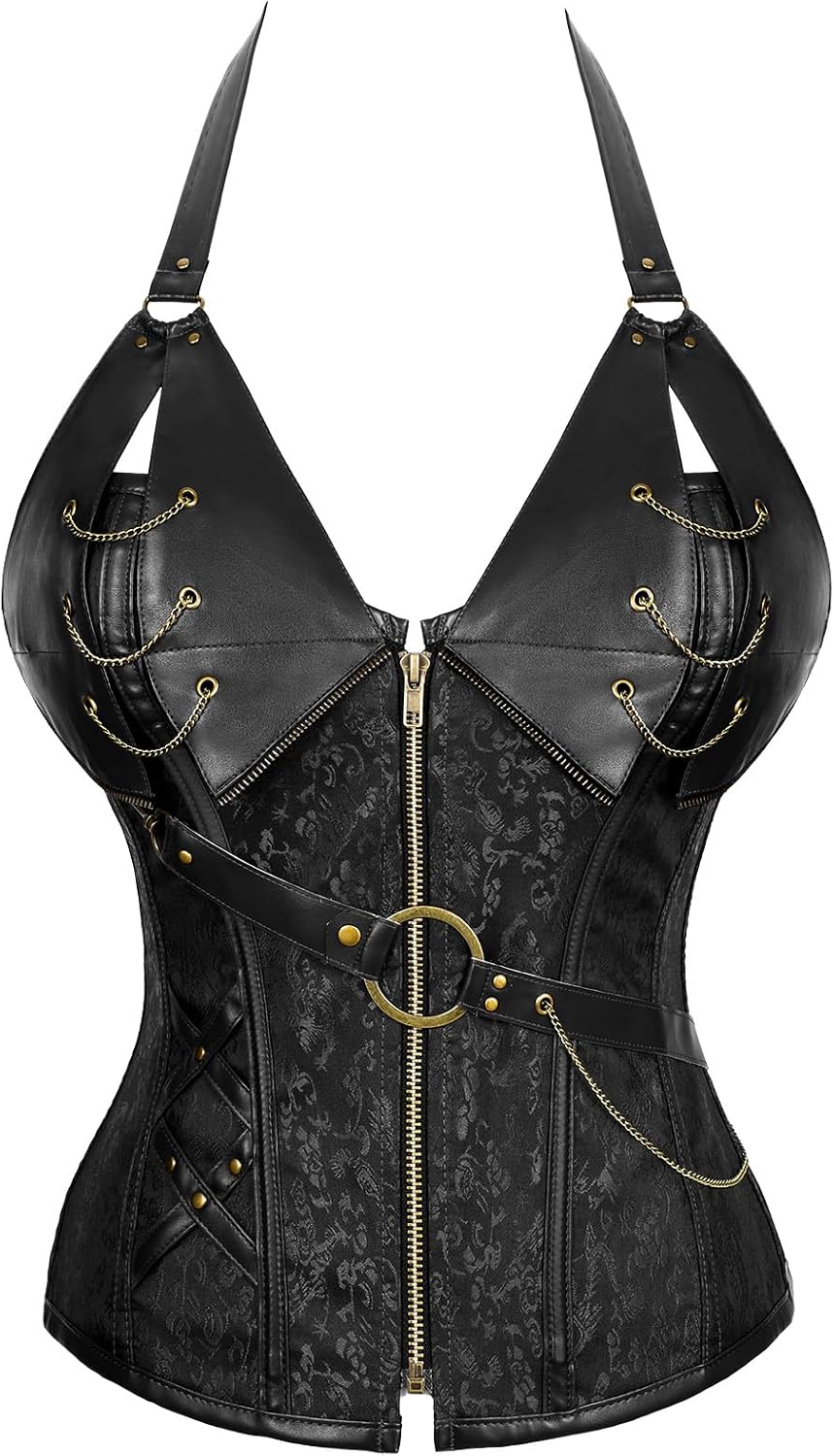 VONMELLI Leather Corset Tops for Women Steampunk Goth Renaissance Overbust Corset Retro Steel Boned Corset