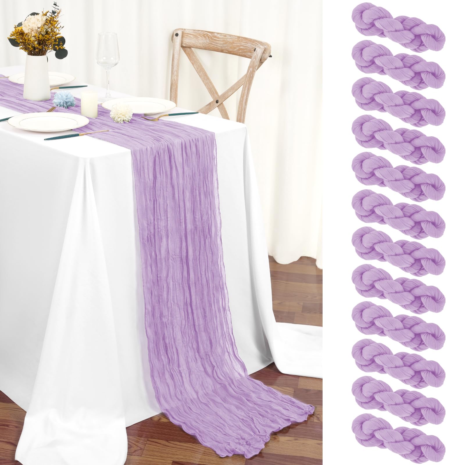Photo 1 of 12 Packs Lilac Table Runner, Charming Cheesecloth Table Runner 17 x 108inch, Gauze Boho Wedding Decoration Rustic Sheer Fabric Cheese Cloth Table Runners for Wedding Party Bridal Shower