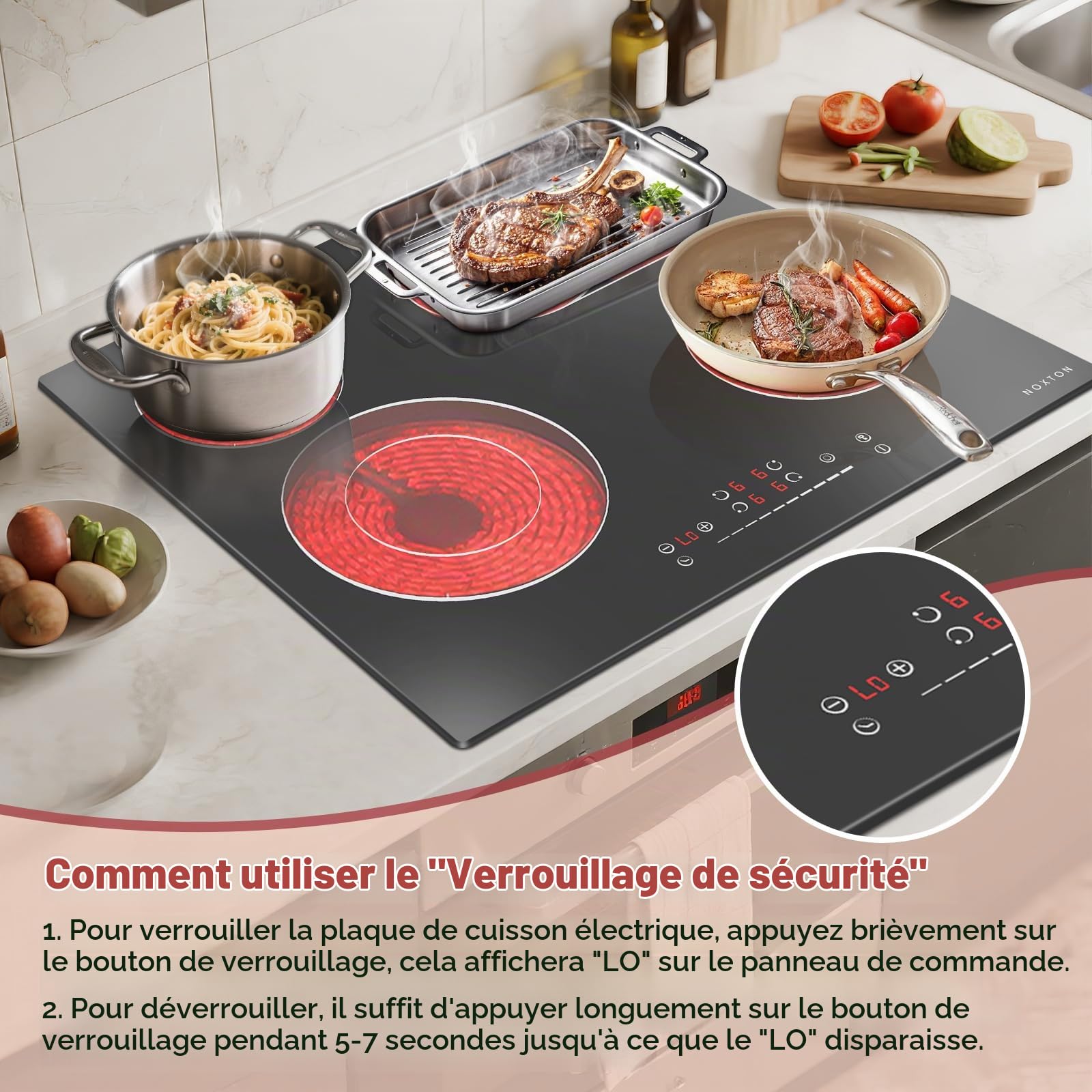 NOXTON Plaque Vitrocéramique 4 Feux, Plaque Electrique Encastrable 6600W, 60 cm Plaque de Cuisson Vitrocéramique avec Zone Ovale, 9 Niveaux de Puissance, Minuterie, Sécurité Enfants