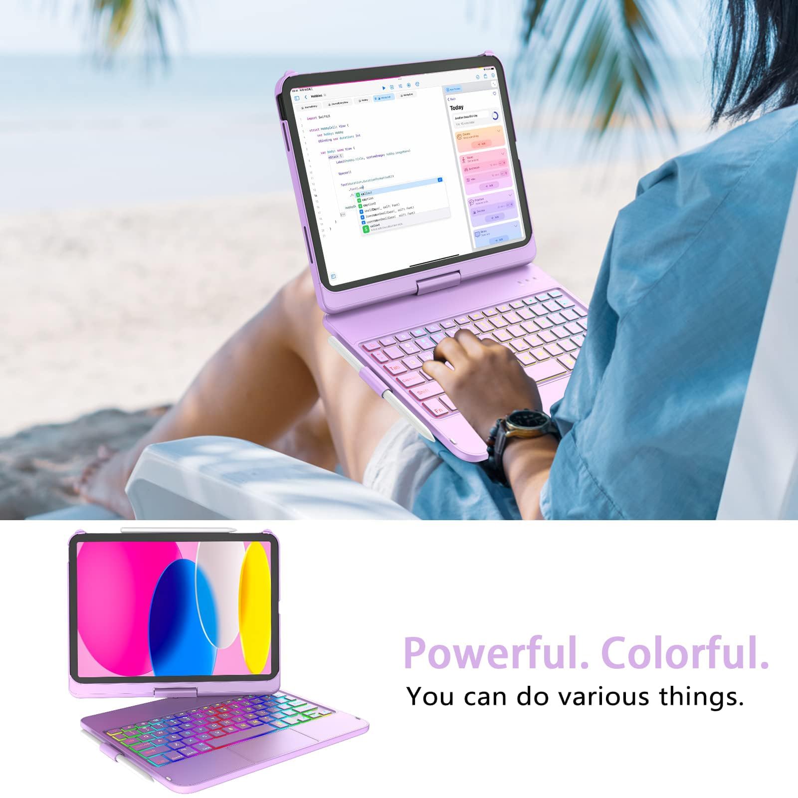 KARFUN Clavier pour iPad 10/11 Ème Generation (10,9" 2022/11" A16 2025), Housse de Protection Rotative à 360° avec Porte-Stylet, étui avec Clavier Trackpad Rétro-éclairé (Violet Clair)