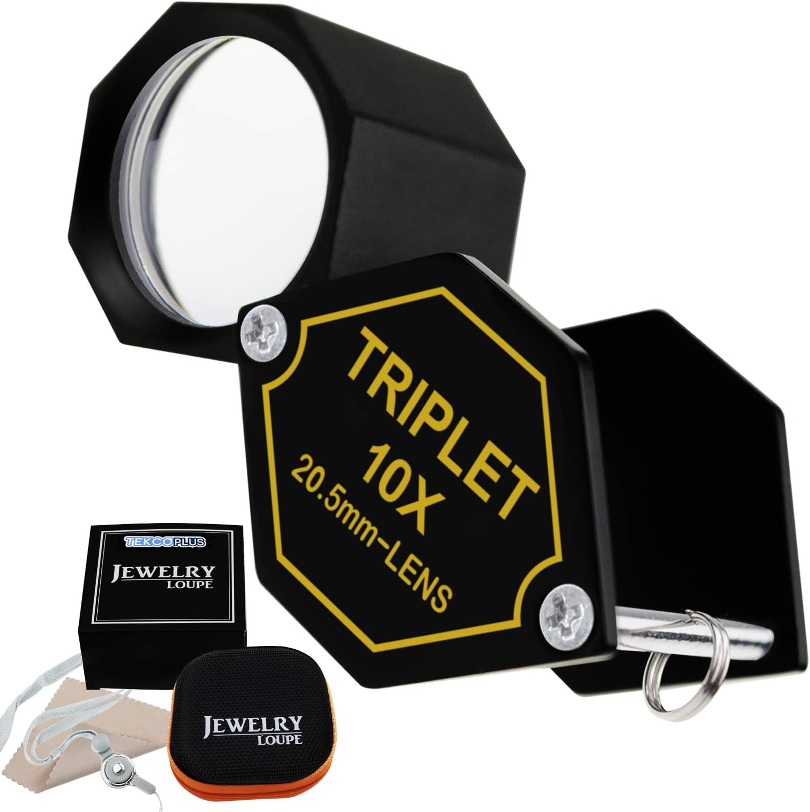 10x Magnification Jewelery Loupe, 20.5mm Triplet Lens Achromatic Optical Glass Metal (Aluminum) Body Black Frame Hexagonal Design Kit Set Jewelry Pocket Magnifying Tool
