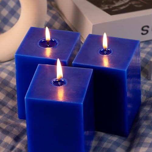 Miniatura 6 de KONNI Juego de 3 velas cuadradas clásicas de pilar azul, velas de pilar sin perfume de 2.8 x 4 pulgadas a granel, velas de 30 horas de combustión,